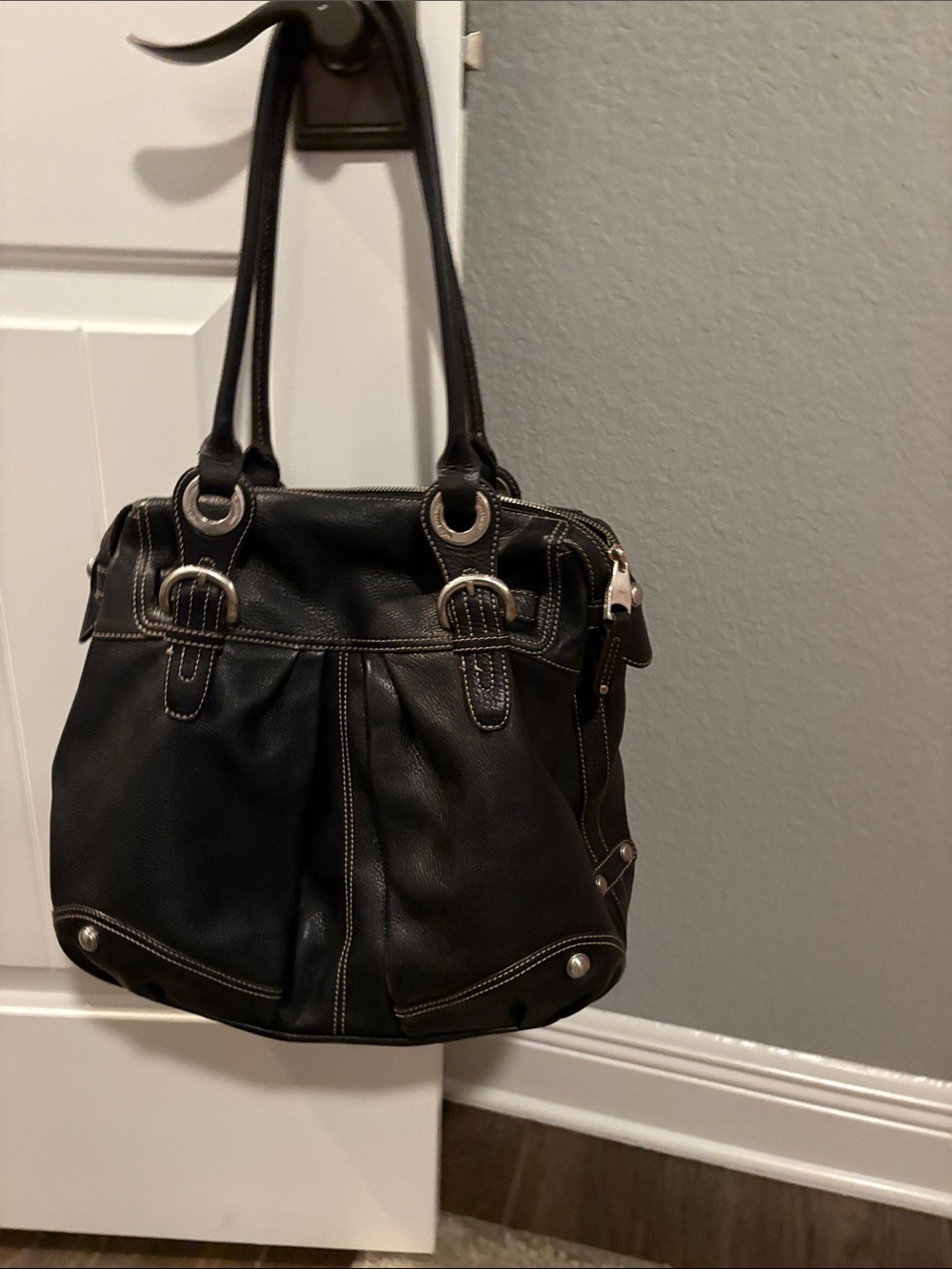 b. makowsky Black Leather Shoulder Tote with Silver Hardware